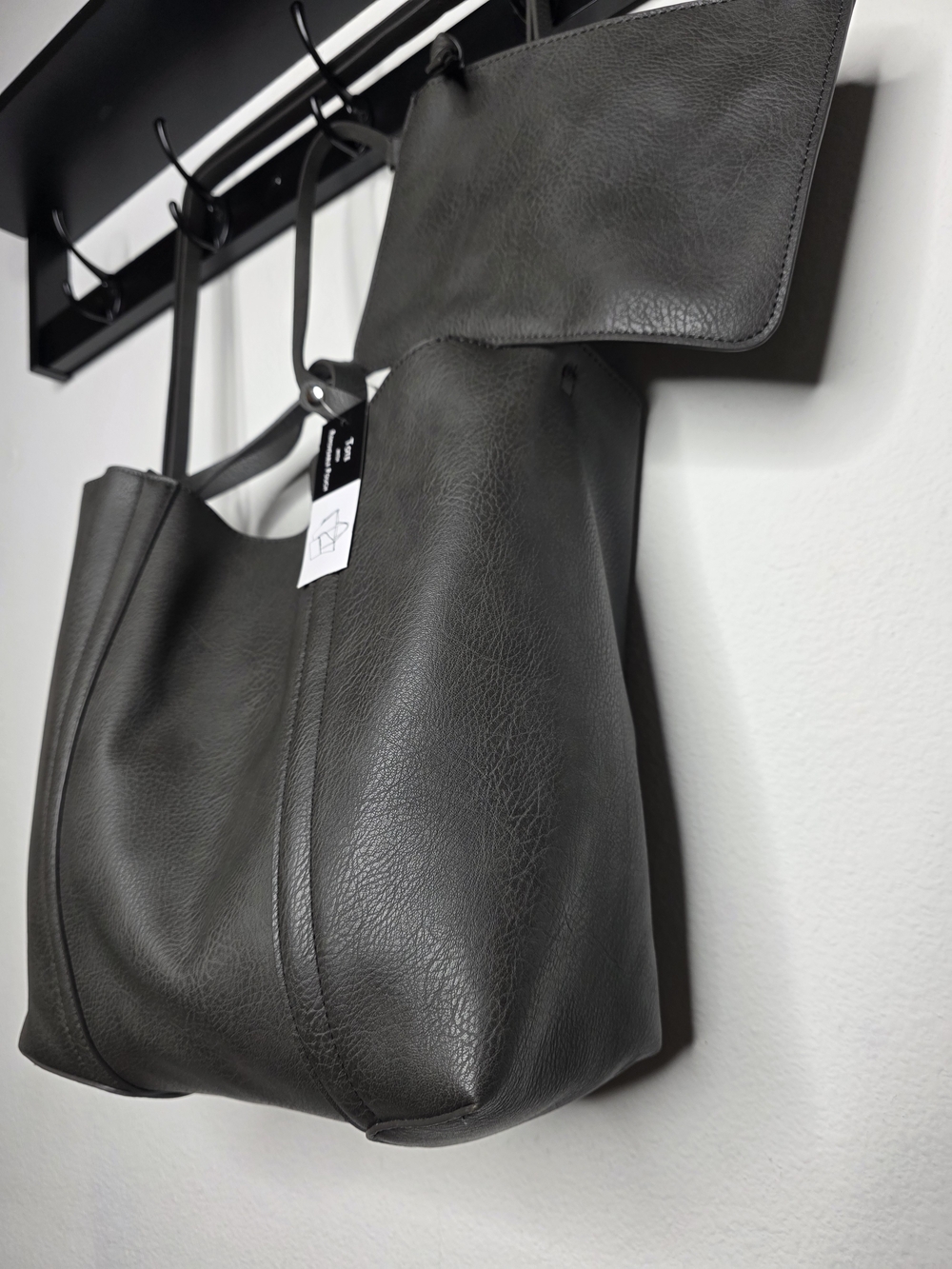 Charcoal Gray Faux Leather Tote Bag Removable Pouch Large Shopper NWT New